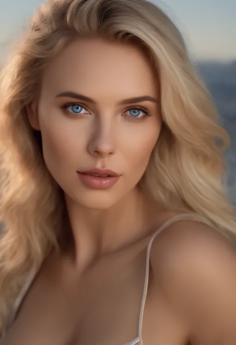 arafed woman fully , sexy girl with blue eyes, ultra realistic, meticulously detailed, portrait scarlet johansson blonde hair and large eyes, selfie of a young woman, nightclub eyes, violet myers, without makeup, natural makeup, looking directly at the cam...