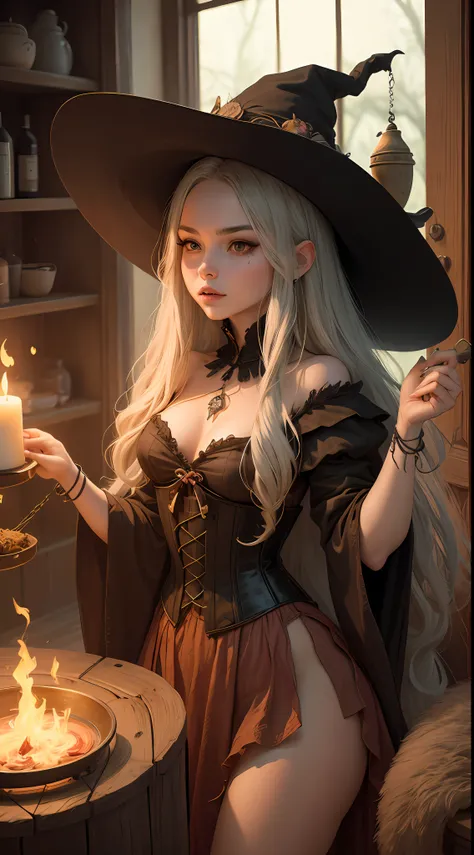 Beautiful sexy witch, long hair dancing dance, holding small objects with hair instead of hands, corset, ethnic jewelry, bats, tame monster on a leash, skin, witch in witchs lair, beautiful femme fatale in witch costume brewing witchcraft potion, interior ...