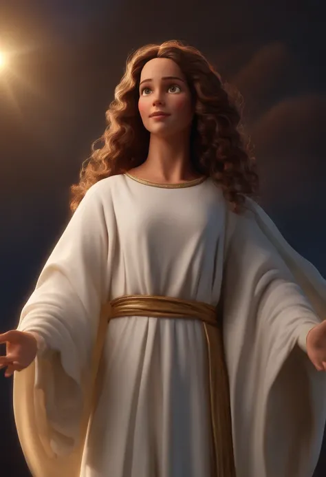 A happy Jesus Christ girl with long curly hair standing on top complied, fundo branco, barnet, Tom, Estilo Pixar, ....3d, desenhos animados, rosto detalhado, asymmetrical 16k