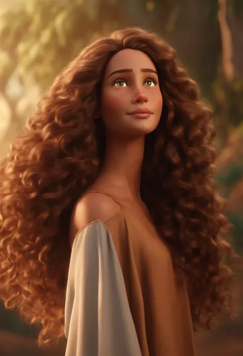 A happy Jesus Christ girl with long curly hair standing on top complied, fundo branco, barnet, Tom, Estilo Pixar, ....3d, desenhos animados, rosto detalhado, asymmetrical 16k