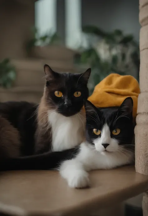 Casal com seus dois gatos em sua casa. O homem tem 28 anos, its skinny, tem cabelo castanho curto liso e olhos castanhos, tem barba curta. A mulher tem 28 anos, has medium-sized black hair, brown eyes and wears glasses. One of the cats is a beanie and has ...