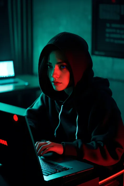 A woman whose face is unrecognizable because he is wearing a black hoodie, she is sitting in front of a table on which a PC and a laptop can be seen. Dark Cyberpunk setting, Dimly lit