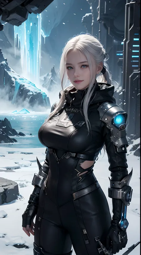 Cyberpunk, mechanical, broken, there is a picture of a very large iceberg, cyberpunk, mechanical, broken, with a lot of snow, dungeon background, icicle background, arena background, game background, dark dark cave background,a female warrior standing,((sm...