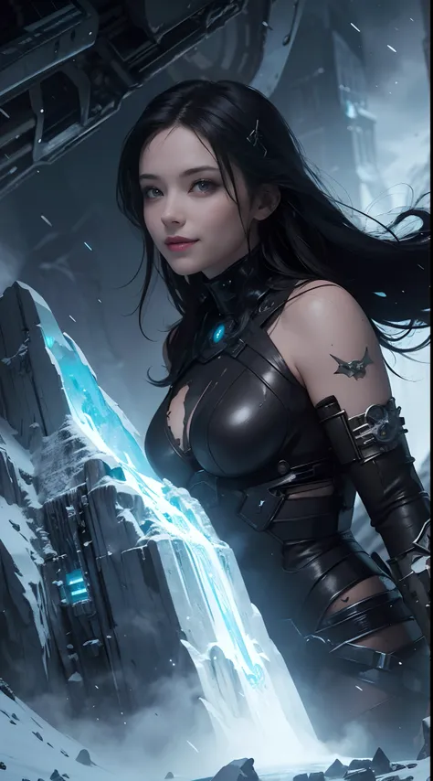 Cyberpunk, mechanical, broken, there is a picture of a very large iceberg, cyberpunk, mechanical, broken, with a lot of snow, dungeon background, icicle background, arena background, game background, dark dark cave background,a female warrior standing,((sm...