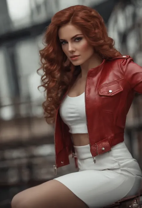 1girl, Retrato de LobaTex bonito, atletic, white jacket, espartilho, saia, Pants, cabelos pretos, red hair, plaits, maquiagem, Gargantilha, clivagem, quadris largos, Volumetric lighting, best quality, master part, detalhes intrincados, mapeamento de tons, ...