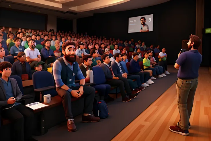 smiling man with a beard, dressed as a golfer with the background of an auditorium with many participants and with a slide projection saying Make It Happen and Make It Deserve