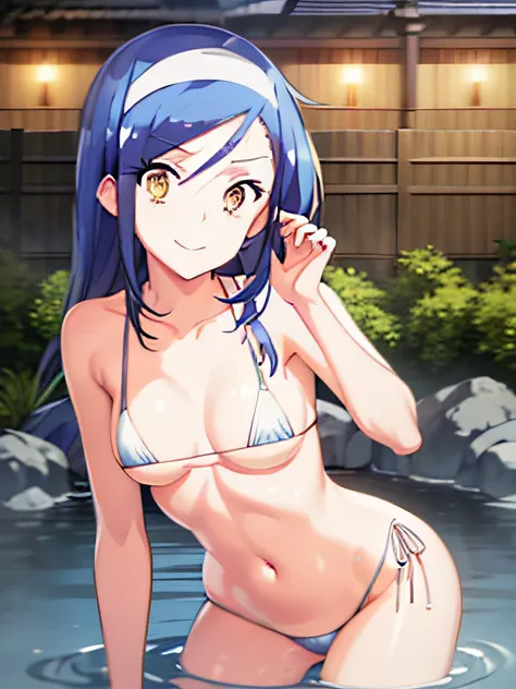 ((masutepiece)), ((Best Quality)), (Ultra-detailed), Anime style, hot onsen, Cute little girl s, 1girl in, Solo, Micro Bikini 00, ((Beautiful eyes)), Smile