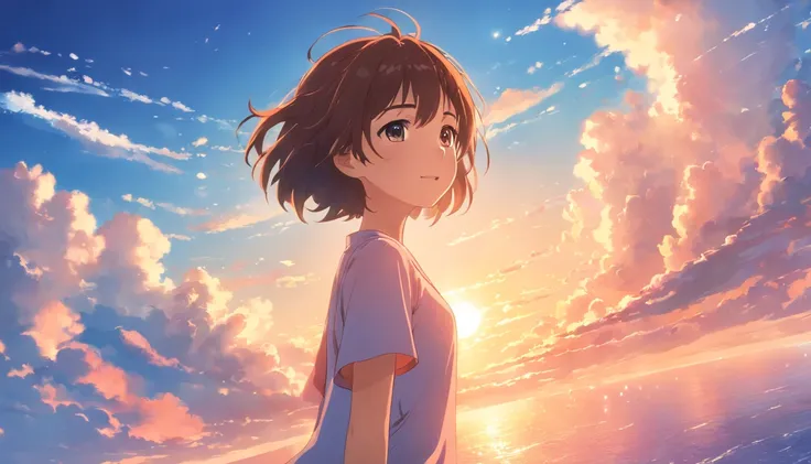 masterpiece, best quality, movie still, 1girl, cloud girl, floating in the sky, close-up, bright, happy, warm soft lighting, sunset, (sparks:0.7)