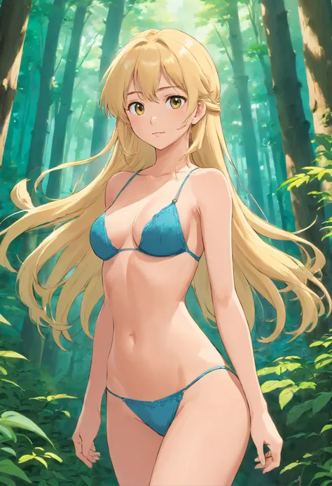 A sexy young woman, 21 years old, long blonde hair, slim athletic body, medium breasts, lingerie, sexy, undressing, nsfw, boudoir, sexy ass, in the forest scenery background