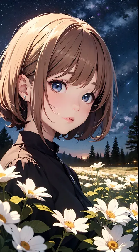 Close-up shot, an Anime little girl wearing a white glass , standing on the land,night view ,Many stars on the night sky,The Milky Way ,colorful flowers,headshot close-up, oil painting style, very obvious oil painting strokes, impressionist palette style, ...