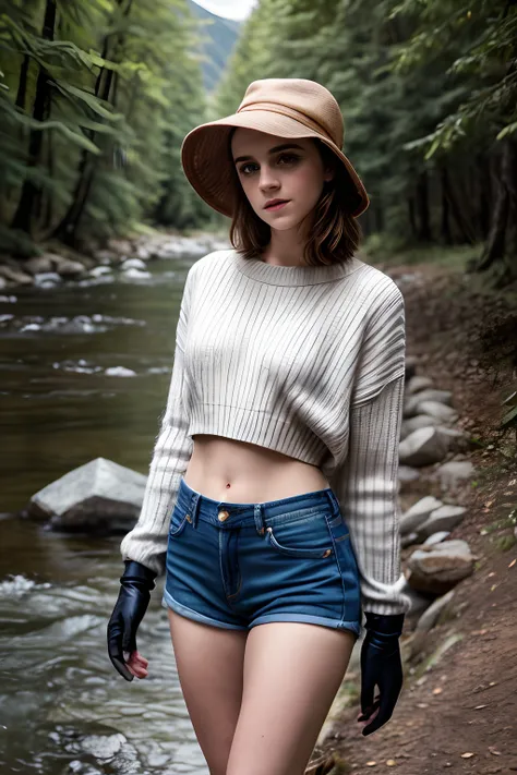 1girl, Emma Watson, ((upper body happy)), masterpiece, best quality, ultra-detailed, solo, outdoors, (night), mountains, nature, (stars, moon) cheerful, happy, backpack, sleeping bag, camping stove, mountain boots, gloves, mini sweater top, bare belly, hat...