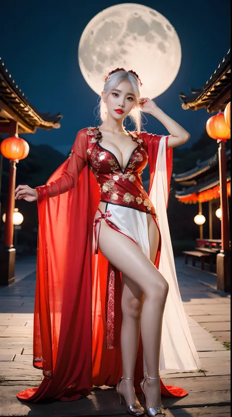 Beautiful Girl, Korean makeup, Red lips, Platinum hair, medium body, big breasts, thigh, Chinese fairy costume, Antique, sexy outfits, Mid-Autumn Festival decoration, moon background mode.