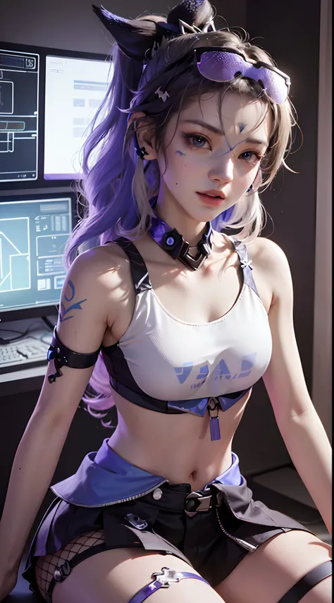 (((((7 avatar shot)))), Silver Wolf, Masterpiece, Best Quality, Ultra Detailed, Extremely Detailed 16k CG Wallpaper, Beautiful Face, (Silver Wolf in Esports Room), (Perfect Beautiful Curved Figure), Seated, Rainbow Color Jewel Eyes, Wearing Resin Hologram ...