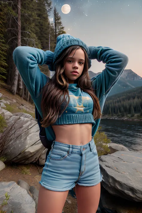 1girl, jenna ortega, ((upper body happy)), masterpiece, best quality, ultra-detailed, solo, outdoors, (night), mountains, nature...