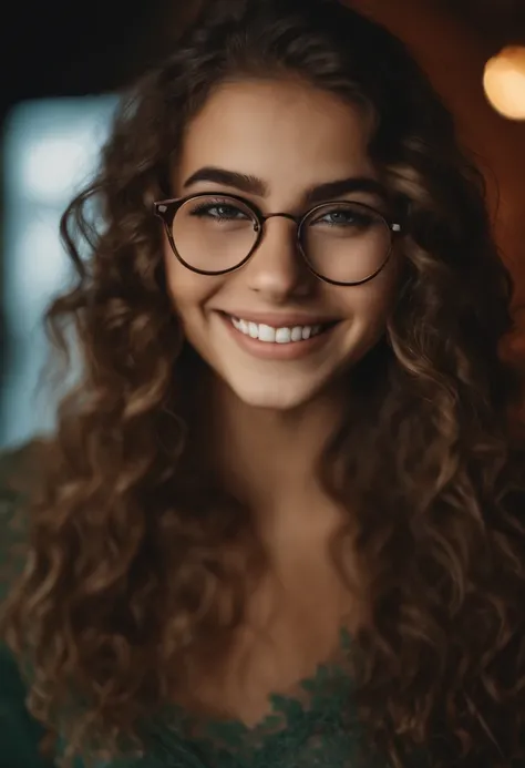 Uma mulher de 18 anos, com longos cabelos castanhos, Rosto redondo, sorriso encantador, e olhos castanhos, wearing glasses.