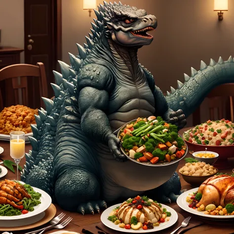 Godzilla and friends enjoying Thanksgiving dinner