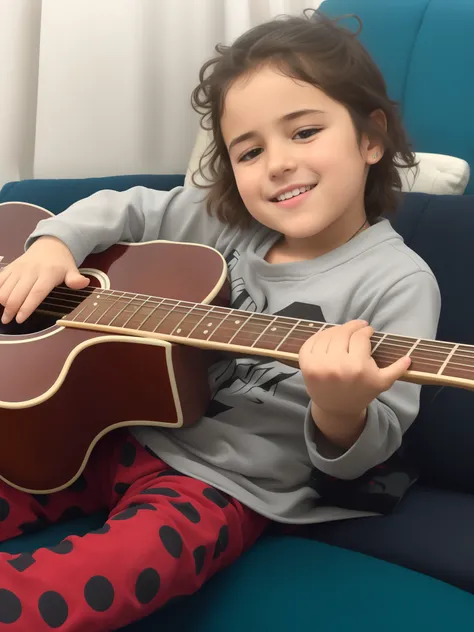 Arafed girl sitting on a sofa with a guitar, playing the guitar, playing a guitar, playing the guitar, the girl plays the guitar, holding a guitar, jamming to music, tocando guitarra, tocando uma guitarra Gibson Les Paul, rocking out, tocando guitarra no p...