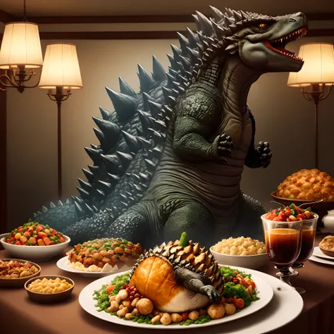 Godzilla and friends enjoying Thanksgiving dinner