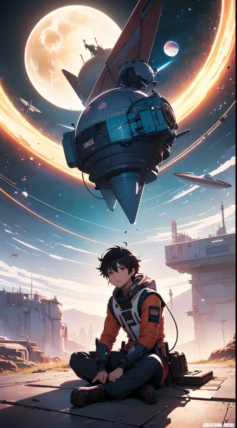 anime guy sitting on the ground looking at the planet, space cowboy, cyber space cowboy, inspired by Josan Gonzalez, makoto shinkai ( apex legends ), akira artstyle, ross tran style, akira vibes, akira art style, floating beside planets, josan gonzales, sc...