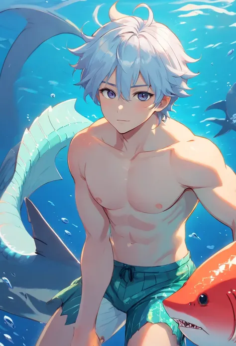 Merman humano adulto, pele negra, medium white hair, shark fin on the back, olhos azuis, roupas pretas, Mar profundo, 2D, Art in a piece, anime 4k, contorno perfeito ,penis outline