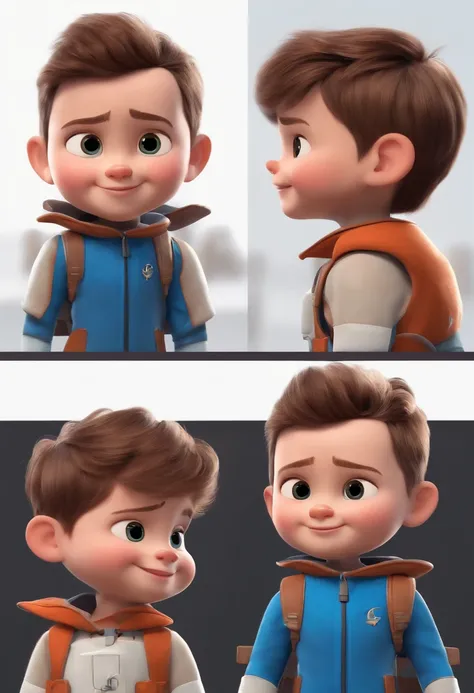 a happy cute kid standing short hair, vestindo uma fantasia espacial, , fundo branco, barnet, Tom, Estilo Pixar, ....3d, desenhos animados, rosto detalhado, asymmetrical 16k