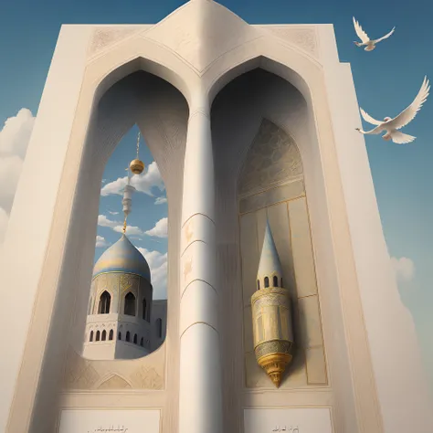 The design of the cover of the book of religious poetry with the text "The children of Adam are members of each other" and Slims designs and the photo of Imam Rezas shrine with a flying dove and white clouds with a large blue brush