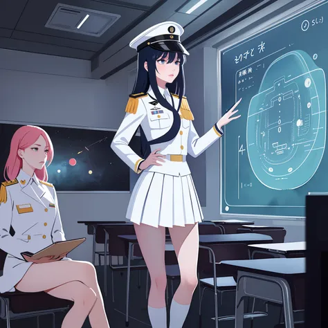 (masterpiece:1.2, best quality), 2girls, teen girl, white space cadet uniform, military hat, short pleated skirt, serious, stressed, standing by holographic board displaying math shapes, exam in classroom, spaceship interiors, sci-fi,  futuristic, anime mi...