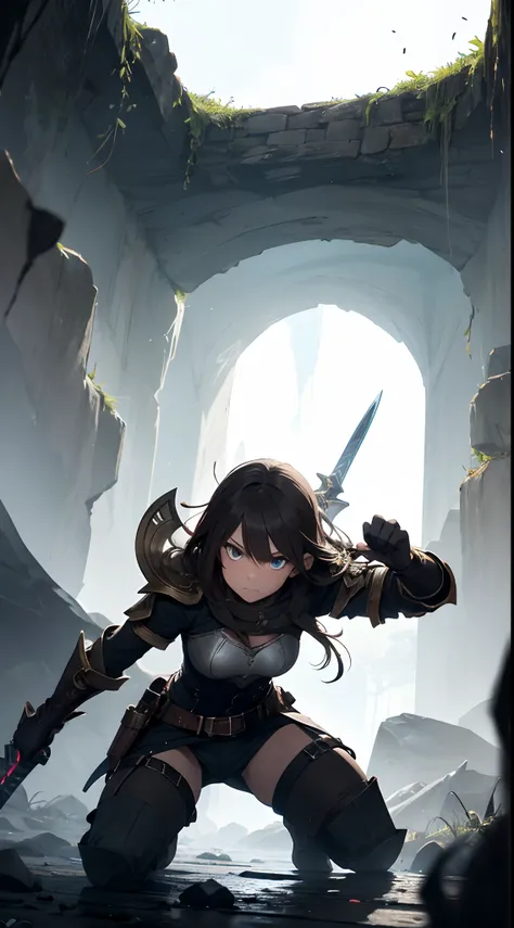 (detailed,highres)A female adventurer in light armor, equipped with a sword and shield, fearlessly navigating through a dark cave. Her eyes are filled with determination as she faces the challenge. The cave is illuminated by a flickering torch, casting eer...