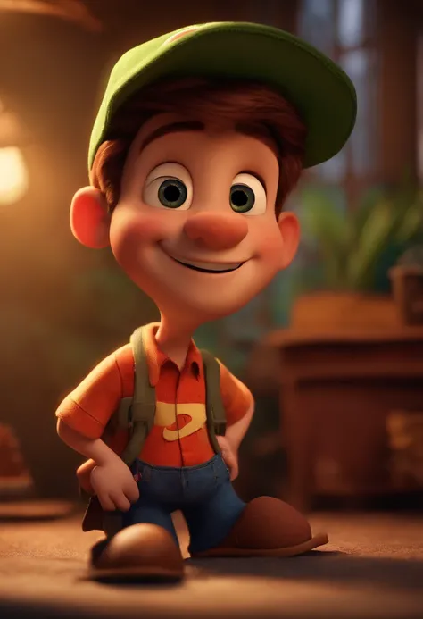 Imagem estilo Pixar com personagen 3d Disney,with a short man with dirty tattoo in cap, bonitinho, sorridente ,Close-up, Pixar, Disney, Cinema lighting,