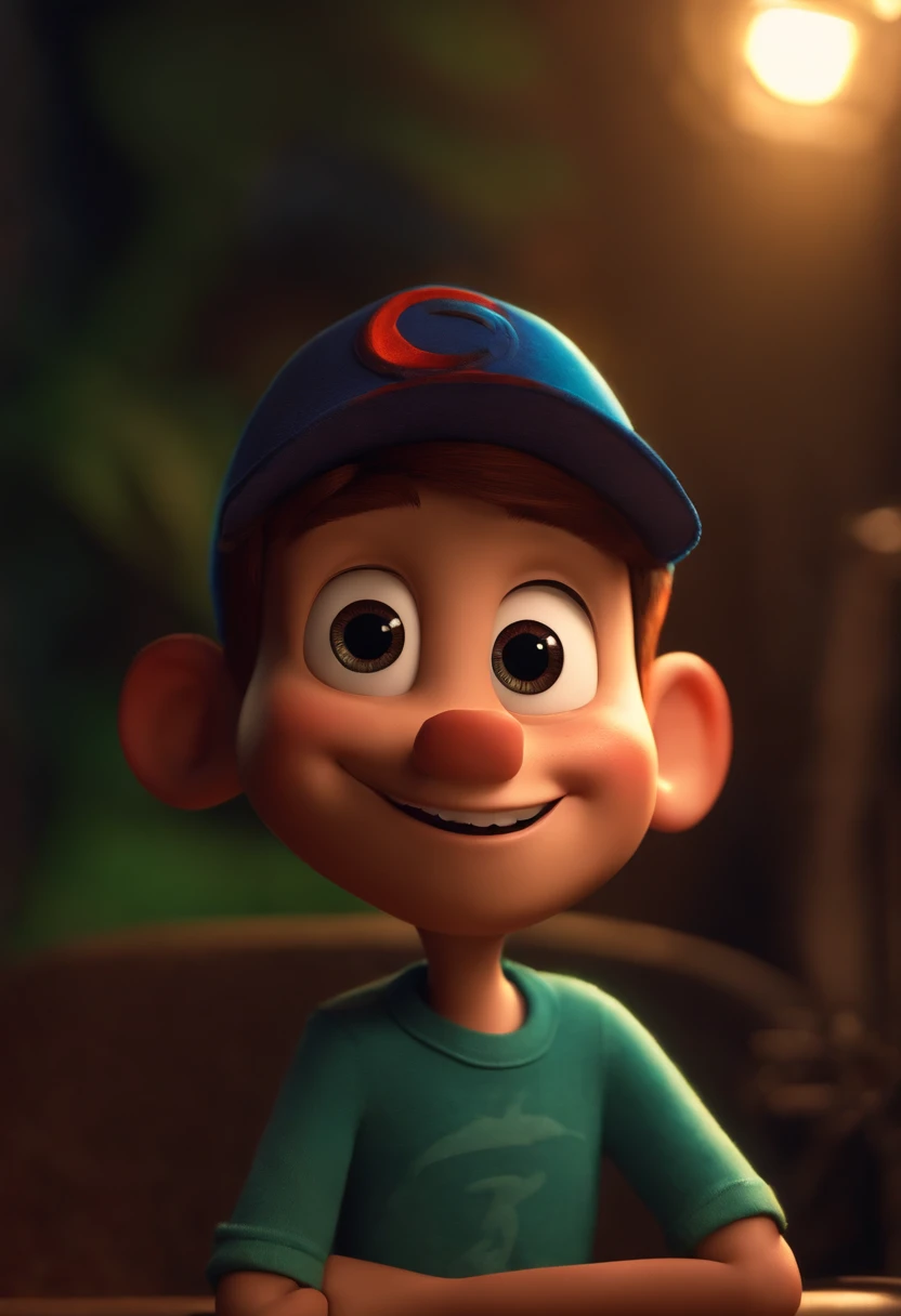 Imagem estilo Pixar com personagen 3d Disney,with a short man with dirty tattoo on his cap, bonitinho, sorridente ,Close-up, Pixar, Disney, Cinema lighting,