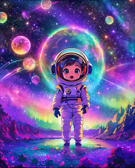 "a stunning masterpiece of an 8k raw image featuring a chibi astronaut surrounded by a mesmerizing starry sky, vibrant aerial fi...