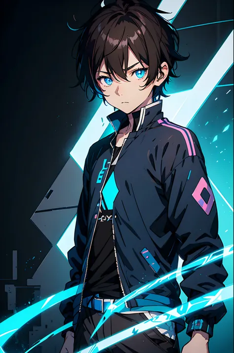 anime boy, gray blue detailed eyes, brown hair of medium length, black shirt with some neon blue lines, blue abstract hexagon in the middle of shirt, jacket with zero shading completely black