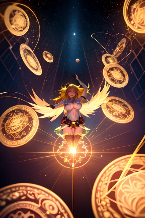 (Obra maestra:1.2), (La mejor calidad:1.2), Perfect lighting, Chica Maga Oscura lanzando un hechizo, flotando en el aire, Levitating over a magic circle , Portal de Circle, tetas grandes, escote abierto, fondo de magia. Pose sejustiva y sexy. Fuegos artifi...