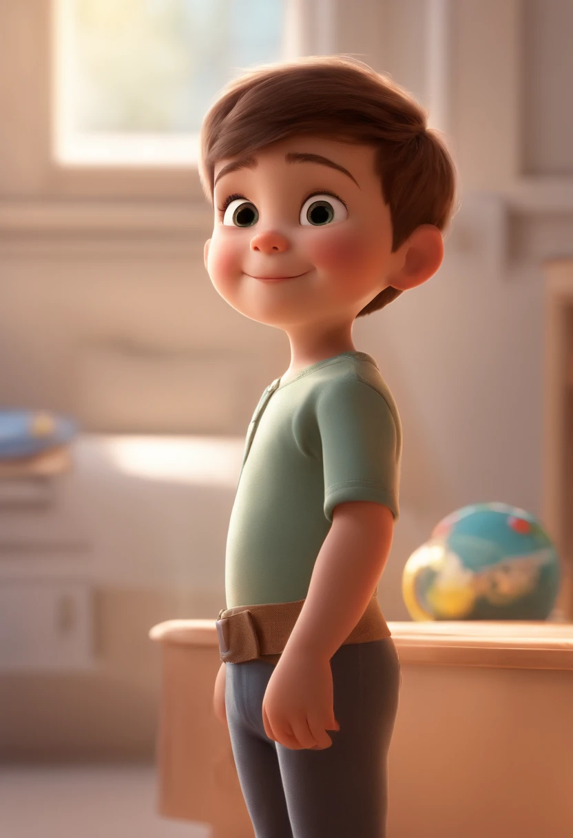 a happy cute kid standing short hair, vestindo uma fantasia espacial, , fundo branco, barnet, Tom, Estilo Pixar, ....3d, desenhos animados, rosto detalhado, asymmetrical 16k