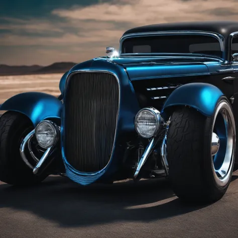 car hot rod black and blue with rgb, futuristic environment, high quality, best quality, 3D