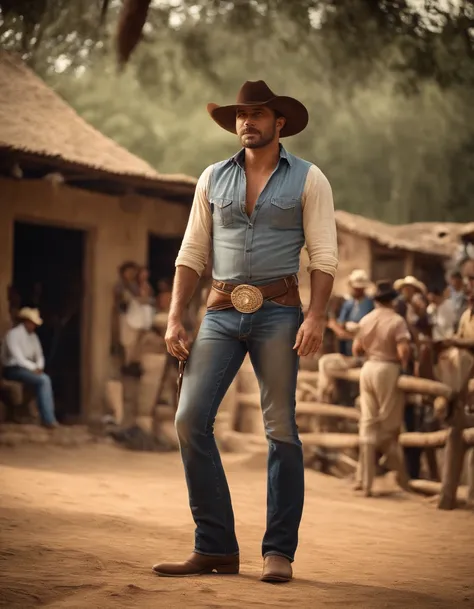 cinematic portrayal, ((parte superior do corpo)), facing the audience, (realidade :1.3), Foto de arte mais bonita do mundo, A man looks at the camera, Looks jeans vintage, Cowboy ocidental, rosto bonito detalhado, action shot, (intrincado :1.4), Fundo ocid...