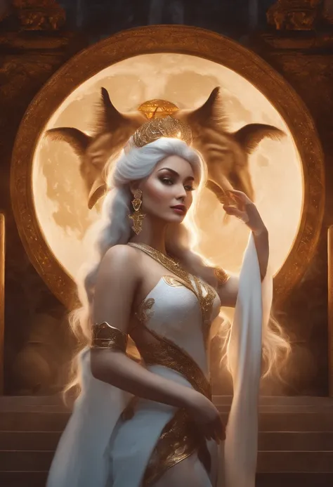 masterpiece, best quality, 8k quality, moon goddess with nine fox tails, beatiful, sexy, white hair, attractive bust, thick thighs, dark skin, moon tiara, eyes that shine like the moon, detailed quality, detailed background, monuments in background, glowin...