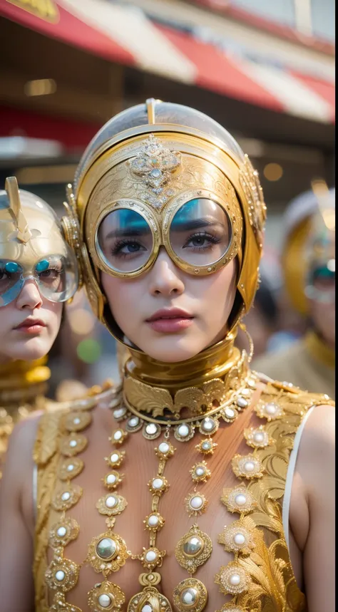 Foto premiada, imagem impressionante, detalhes perfeitos, 8k portrait of a 1960s science fiction film by Stanley Kubric, cores pasteis, There are men wearing futuristic chameleon masks and wearing extravagant retro fashion outfits and men wearing alien mak...