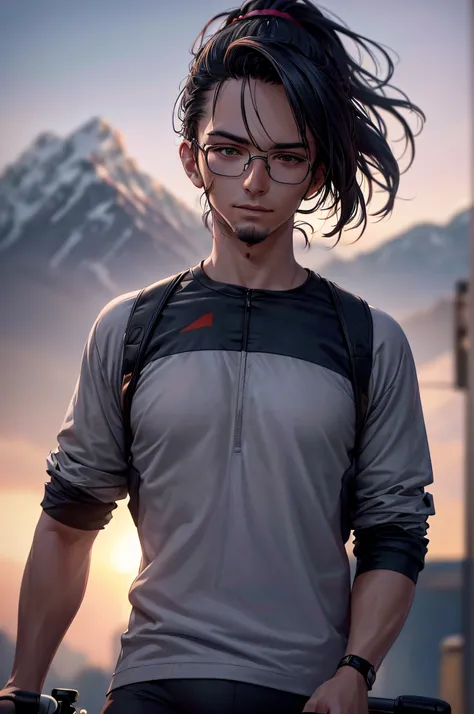 (best quality,4k,8k,highres,masterpiece:1.2),ultra-detailed,(realistic,photorealistic,photo-realistic:1.37),anime,cycling,guy on a bike,with glasses,hairstyle in ponytail,mountains,portraits,colorful,blurred lights,soft shadows,}}