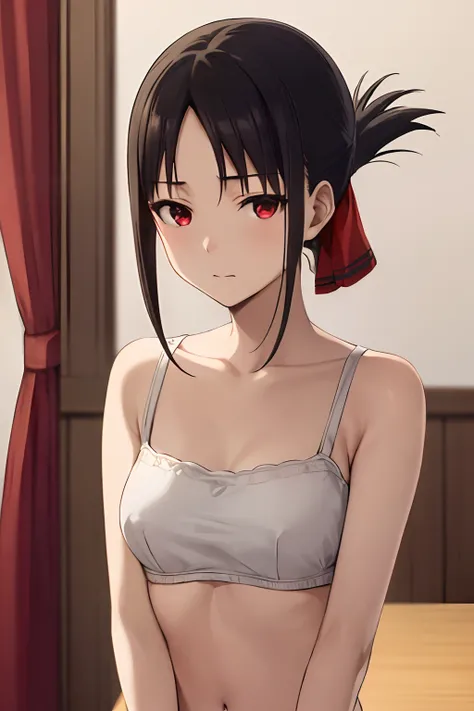 best quality, (masterpiece:1.2), detailed,20 years old,
shinomiya kaguya,
1girl, solo, closed mouth,
black hair, red eyes, short hair, folded ponytail, hair ribbon, elegant bra, red ribbon,
standing, looking at the viewer, medium breasts,((upper body)), he...