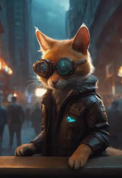 Theres a cat wearing a leather jacket and glasses on a city street, gato cyberpunk, no estilo cyberpunk, tem estilo cyberpunk, Cyberpunk Streetwear, Cyberpunk))), an anthropomorphic cyberpunk fox, Cyberpunk Mouse Folk Engenheiro, estilo cyberpunk hiper-rea...