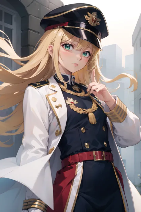 Mary , blonde hair , green eyes , BC Freedom Military Uniform, Hat ,