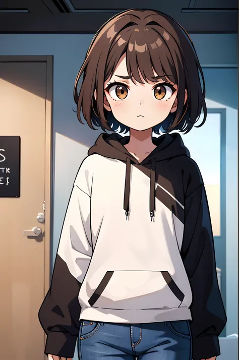 1girl, solo, short girl, brown hair, messy hair, short hair, dark brown eyes, beautiful eyes, black hoodie, long sleeves, hood, jeans, casual fashion, serious, neutral, tired, office, indoors, walking, upper body (hands behind back), looking away, simple, ...