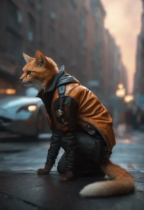 Theres a cat wearing a leather jacket and glasses on a city street, gato cyberpunk, no estilo cyberpunk, tem estilo cyberpunk, Cyberpunk Streetwear, Cyberpunk))), an anthropomorphic cyberpunk fox, Cyberpunk Mouse Folk Engenheiro, estilo cyberpunk hiper-rea...