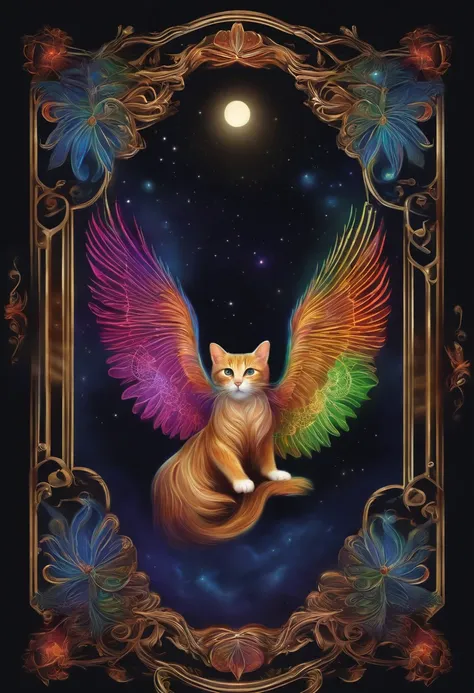 uma pintura de uma coruja colorida em um fundo preto,, Breathtaking rendering, inside a radiant connection, inspirado em Kinuko Y. craft,, Magical Elements, kitten icon, uau, its beautiful, casting a multi colored spell, bright flash, lampejo