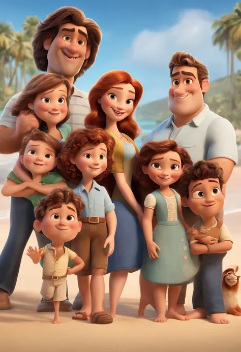 a Disney Pixar movie poster showing a white-skinned family. The father is the tallest, Tem barba curta, loiro, cabelos curtos e espinhosos. The mother has brown eyes and hair, shoulder-length and is slightly overweight. A menina tem 4 anos e cabelos castan...