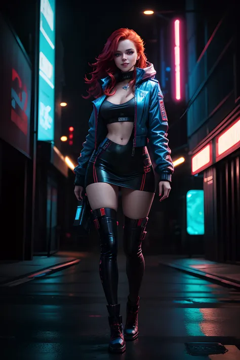 Digital art, Cyberpunk-style full-body portrait, Woman with detailed blue eyes, Wavy bright red hair, Smiling, Futuristic neon backdrop, Vibrant lights, Glowing cityscape, Urban setting, Techno atmosphere, Urban coolness, Modern aesthetic, High-tech vibe, ...