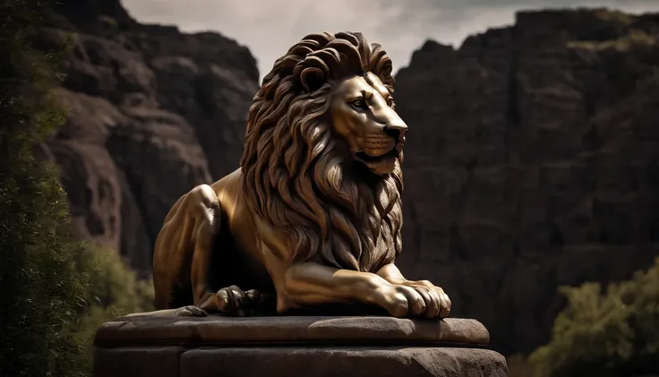 Stoic statue of a lion, cinematic Seneca style Hercules 4K, with muscles and dark background.