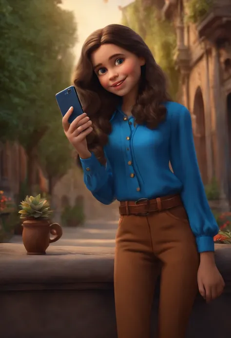 A dark-haired pixar style 13-year-old girl in a blue blouse and brown pants taking a selfie with a realistic touch