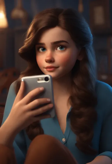 A dark-haired pixar style 13-year-old girl in a blue blouse and brown pants taking a selfie with a realistic touch